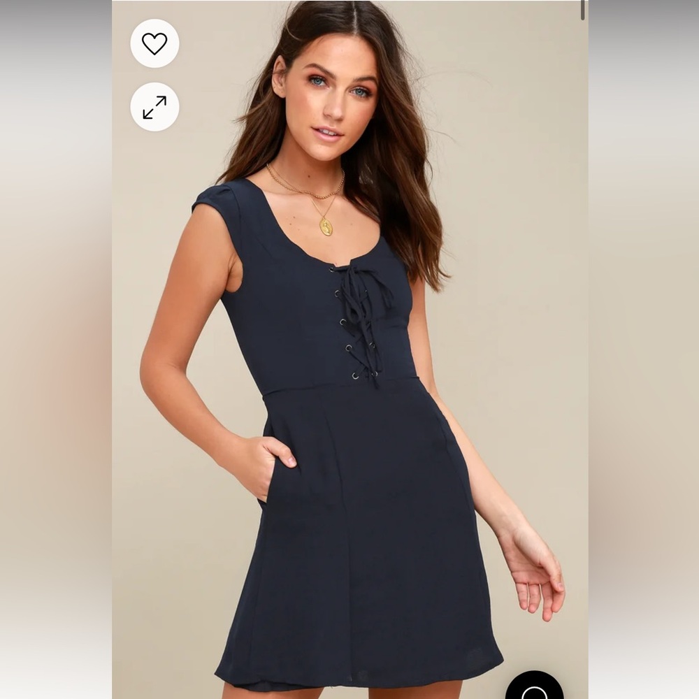 Lulu's Women's Sunny Spot Navy Blue Lace-Up Dress - size M